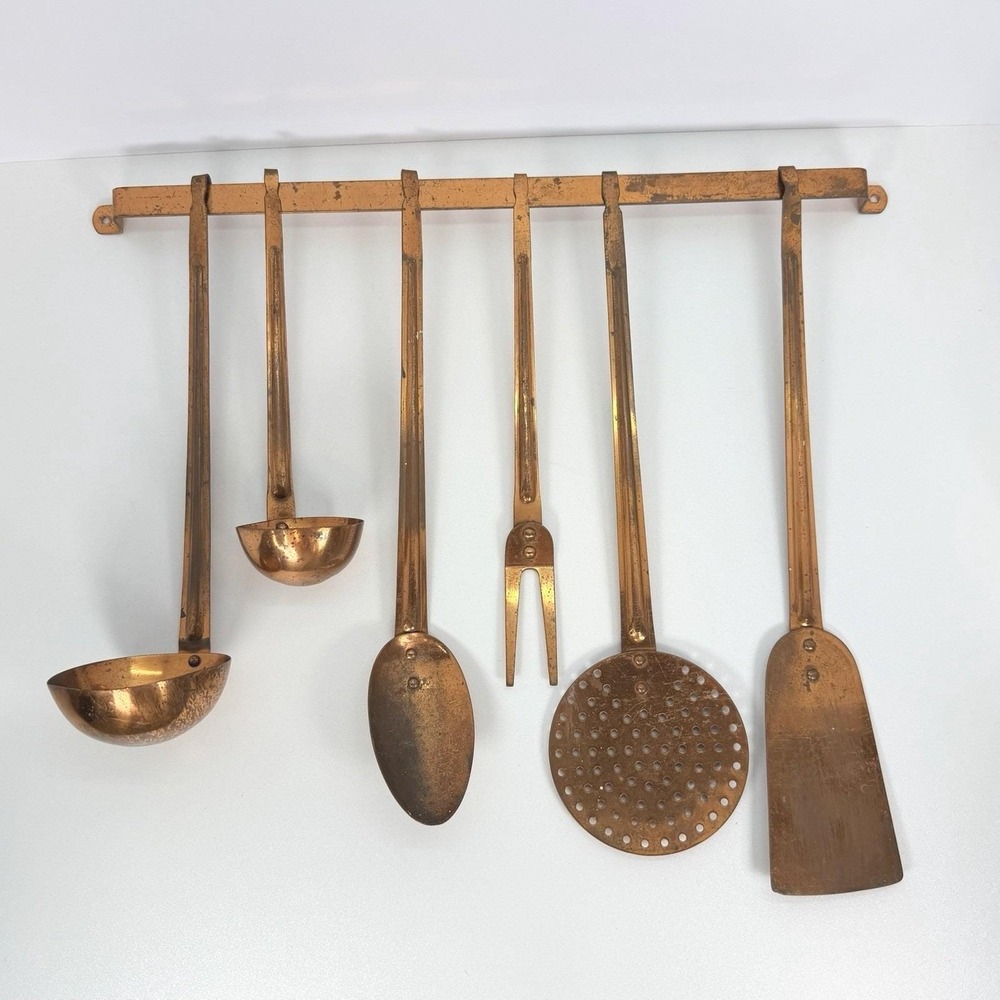 VTG Copper Wall Hanging Kitchen Utensils Set Decorative Mid-Century Farmhouse
